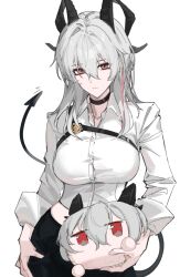  adapted_costume bad_id bad_twitter_id black_choker black_horns black_pants black_tail breasts chest_harness choker closed_mouth commentary curled_horns demon_tail dual_persona female grey_hair hair_between_eyes hand_on_own_hip harness highres holding horns large_breasts leria_v long_hair looking_at_viewer multicolored_hair pants red_eyes remnant_cube_(wuthering_waves) revision shirt signature simple_background solo streaked_hair tail white_background white_shirt wuthering_waves zani_(wuthering_waves) 