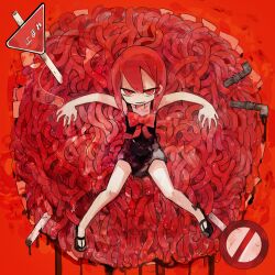  bare_legs black_dress blood bow commentary dress female industrial_pipe looking_at_viewer lying mary_janes on_back original outstretched_arms red_background red_bow red_eyes red_hair red_theme road_sign shoes short_hair sign simple_background spread_arms spread_legs stop_sign tentacle terada_tera 