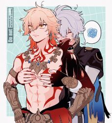  2boys antenna_hair arm_tattoo armlet armor black_choker black_coat black_shirt blonde_hair braid chest_tattoo choker clawed_gauntlets closed_eyes coat commentary earrings facial_tattoo gold_earrings gold_necklace gradient_hair highres honkai:_star_rail honkai_(series) jewelry male_focus medium_hair multicolored_hair multiple_boys mydei_(honkai:_star_rail) neck_tattoo necklace open_clothes open_coat parted_bangs pauldrons pectoral_grab phainon_(honkai:_star_rail) red_hair red_tattoo shirt short_hair shoulder_armor side_braid single_pauldron spoken_squiggle squiggle sun_symbol sun_tattoo tattoo umimomomomo untranslatable_commentary watermark white_coat white_hair yaoi yellow_eyes 
