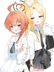  2girls absurdres ahoge angry animal_ear_fluff animal_ears aqua_necktie bag black_halo black_neckerchief black_shirt black_skirt blonde_hair blue_archive blush bracelet braid breasts bright_pupils clothes_around_waist collared_shirt commentary_request cosplay cowboy_shot crossed_bangs detached_sleeves dress dress_shirt flower fox_ears hair_between_eyes hair_flower hair_ornament hair_over_shoulder halo height_difference highres holding holding_bag huge_ahoge jacket jacket_around_waist jewelry layered_shirt long_hair long_sidelocks long_sleeves looking_at_another multiple_girls neckerchief necktie neru_(blue_archive) neru_(blue_archive)_(cosplay) neru_(school_uniform)_(blue_archive) open_clothes open_mouth open_shirt orange_eyes petako_(ptpt_k) pleated_skirt red_eyes red_hair sailor_collar seia_(blue_archive) seia_(blue_archive)_(cosplay) shirt shoulder_bag sideboob sidelocks signature simple_background single_braid skirt sleeves_past_fingers sleeves_past_wrists small_breasts standing teeth twitter_username undone_necktie very_long_hair watermark white_background white_dress white_flower white_pupils white_sailor_collar white_shirt yellow_halo 