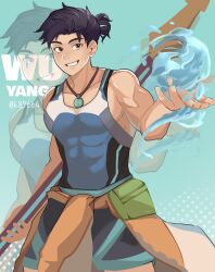  1boy artist_name asymmetrical_gloves bare_shoulders belt black_hair black_shorts blue_belt blue_tank_top bodysuit brown_eyes character_name clothes_around_waist collarbone covered_abs covered_pectorals earrings elbow_gloves fingerless_gloves gloves hair_bun highres holding holding_behind_back holding_polearm holding_weapon holding_weapon_behind_back hydrokinesis jade_(gemstone) jewelry necklace overwatch pectorals pelvic_curtain pendant polearm pouch rectangular_earrings shorts sidepec simple_background single_earring single_elbow_glove sleeveless sleeveless_bodysuit tank_top tight_clothes toned toned_male topknot uneven_gloves user_mtwp7388 water weapon wuyang_(overwatch) yaopei zoom_layer 