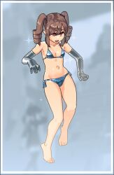  abstract_background absurdres bare_legs bare_shoulders barefoot belly bikini blue_bikini breasts brown_hair collarbone drill_hair elbow_gloves female floating full_body gloves grey_background grey_gloves highres knees legs noyemik original outie_navel red_eyes shiny_clothes side-tie_bikini_bottom small_breasts solo solo_focus sparkle swimsuit thighs twin_drills twintails 