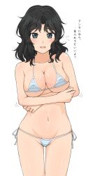  amagami bikini black_eyes black_hair blush breasts commentary_request female highres kanade_(diverdiva_gal) looking_at_viewer messy_hair micro_bikini navel open_mouth side-tie_bikini_bottom simple_background solo striped_bikini striped_clothes swimsuit tanamachi_kaoru underboob white_background 