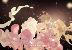  2girls absurdres bare_arms bare_shoulders blonde_hair blush breasts brown_background brown_eyes brown_hair cleavage closed_mouth collarbone commentary_request dress floating floating_hair highres light_blush lips long_dress long_hair looking_at_another medium_breasts medium_dress medium_hair misaka_mikoto multiple_girls pink_dress shokuhou_misaki sleeveless sleeveless_dress small_breasts star_(symbol) strapless strapless_dress toaru_majutsu_no_index white_dress yellow_eyes youlili 