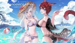  2girls @_@ absurdres animal_ears artist_logo artist_name ball beach beachball bikini black_bikini blue_eyes breasts cat_ears cat_girl cat_tail cleavage commentary commission facial_mark final_fantasy final_fantasy_xiv halterneck hat highres large_breasts logo long_hair looking_at_viewer low-tied_long_hair medium_breasts miqo'te morisenlin multiple_girls navel oerba_yun_fang open_mouth palm_tree purple_bikini purple_eyes red_hair rubber_duck short_hair skin_fang stomach sun_hat swimsuit swimsuit_cover-up tail tree untranslatable_commentary v wading warrior_of_light_(ff14) water whisker_markings white_hair 