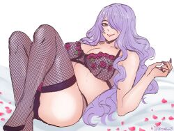  black_bra black_panties black_thighhighs bra breasts brown_eyes camilla_(fire_emblem) commentary female fire_emblem fire_emblem_fates fishnet_bra fishnet_thighhighs fishnets flower flower-trimmed_bra flower-trimmed_panties highres large_breasts lingerie looking_at_viewer lying nail_polish no_shoes on_back on_bed panties petals purple_hair purple_nails red_flower red_rose rose smile solo thighhighs twitter_username underwear underwear_only yumikari07 