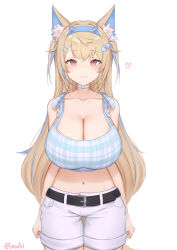  :3 absurdres animal_ear_fluff animal_ears bandaid bandaid_hair_ornament belt black_belt blue_hairband blue_shirt breasts cleavage closed_mouth commentary cropped_shirt dog_ears dog_girl fake_horns female fuwawa_abyssgard fuwawa_abyssgard_(casual) hair_ornament hairband heart highres hololive hololive_english horn_hairband horns huge_breasts lesu looking_at_viewer navel pink_eyes plaid_clothes plaid_shirt shirt shorts simple_background solo two_side_up virtual_youtuber white_background white_shorts 