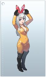  abstract_background arms_up black_boots black_eyes black_gloves bodysuit boots breasts female gloves grey_background grey_hair hair_ribbon hands_up high_heel_boots high_heels highres jumpsuit large_breasts latex latex_bodysuit noyemik orange_bodysuit orange_jumpsuit original outie_navel ribbon solo solo_focus thigh_boots 