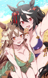  2girls ahoge animal_ears arm_up armpits beach bikini black_tail blue_bikini breasts brown_eyes brown_tail cleavage commentary_request food front-tie_bikini_top front-tie_top green_bikini highres holding holding_food holding_ice_cream horse_ears horse_girl ice_cream kitasan_black_(umamusume) large_breasts looking_at_viewer multiple_girls nakahira_guy outdoors outstretched_arm red_eyes satono_diamond_(umamusume) selfie side-tie_bikini_bottom swimsuit thighs tongue tongue_out two_side_up umamusume 