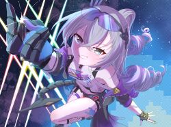  absurdres bandaid bandaid_on_arm bare_shoulders black_shorts commentary_request drill_hair drill_ponytail eyewear_on_head female fingerless_gloves fishnet_kneehighs gloves grey_eyes grey_hair guruguru_mobbu highres honkai:_star_rail honkai_(series) jacket long_hair midriff navel open_clothes open_jacket ponytail purple-tinted_eyewear shirt shorts silver_wolf_(honkai:_star_rail) silver_wolf_(lv.999)_(honkai:_star_rail) single_drill single_fingerless_glove single_mechanical_glove snapping_fingers solo tinted_eyewear very_long_hair white_background white_shirt 