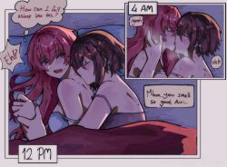  2girls bite_mark bite_mark_on_neck bite_mark_on_shoulder bloomfesruii blue_bra bra brown_hair closed_eyes commentary cuddling english_commentary english_text french_kiss grey_bra hand_in_another's_hair hickey highres kissing kissing_neck long_hair momoi_airi multiple_girls pillow pink_eyes pink_hair project_sekai shinonome_ena short_hair speech_bubble strap_slip thought_bubble under_covers underwear yuri 