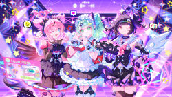  3girls absurdres angels_of_delusion animal_ear_hairband animal_ears aria_(discordant_note)_(zenless_zone_zero) aria_(zenless_zone_zero) bag bare_shoulders bell black_choker black_dress black_garter_straps black_hair black_shirt black_skirt black_streaks blue_eyes bow bridal_gauntlets brown_thighhighs cat_ear_hairband cat_ears chest_bow choker closed_mouth colored_inner_hair commentary_request crossed_bangs detached_sleeves dress earrings fake_animal_ears garter_straps ghost_hair_ornament green_eyes green_hair green_nails grey_wings hair_between_eyes hair_ornament hairband halo heart heart_earrings heart_hair_ornament heart_hands highres jewelry maid maid_headdress multicolored_hair multiple_girls multiple_hair_clips nangong_yu nangong_yu_(rhapsody's_muse) neck_bell official_alternate_costume one_eye_closed open_mouth pink_bow pink_hair purple_halo quad_tails red_bag red_eyes shirt short_twintails skirt skull_ornament smile spoken_emoji spoken_heart star_(symbol) streaked_hair sunna_(afternoon_tea_break)_(zenless_zone_zero) sunna_(zenless_zone_zero) thighhighs twintails viclim-monou white_wings winged_bag wings zenless_zone_zero 