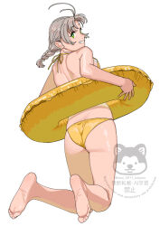  absurdres alternate_costume ass bikini braid breasts female from_behind green_eyes grey_hair highres innertube kantai_collection kinugasa_(kancolle) kinugasa_kai_ni_(kancolle) looking_at_viewer looking_back medium_breasts ojipon simple_background single_braid smile solo swim_ring swimsuit watermark white_background yellow_bikini 