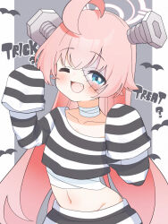  :d absurdres ahoge alternate_costume bandaged_neck bandaged_torso bandages bat_(animal) black_pants black_shirt blue_archive blue_eyes blush border collarbone commentary crop_top cropped_shirt crossed_bangs english_commentary female frankenstein's_monster_costume grey_background hair_between_eyes hair_flaps halloween halo highres hoshino_(blue_archive) huge_ahoge long_hair long_sleeves midriff navel object_through_head oerba_yun_fang one_eye_closed open_mouth outside_border pants petako_(ptpt_k) pillarboxed pink_hair pink_halo screw_in_head shirt sidelocks simple_background sleeves_past_fingers sleeves_past_wrists smile solo striped_clothes striped_pants striped_shirt trick_or_treat upper_body very_long_hair white_border white_pants white_shirt 