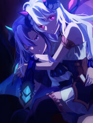  2girls 6cduwvsq4b80617 absurdres ahoge blue_hair closed_mouth commentary_request curtained_hair double-parted_bangs head_rest highres hug kazanari_tsubasa_(another) long_hair long_sidelocks looking_at_viewer multiple_girls parted_bangs purple_eyes red_eyes senki_zesshou_symphogear senki_zesshou_symphogear_xd_unlimited sidelocks smile upper_body white_hair yukine_chris_(another) 