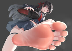  absurdres arendelle barefoot black_hair black_sailor_collar black_shoes blunt_bangs breasts chisa_(wuthering_waves) commentary_request feet female foot_focus foreshortening grey_background hair_ribbon highres holding holding_shoes holding_unworn_clothes long_hair looking_at_viewer medium_breasts midriff miniskirt neckerchief open_mouth pleated_skirt pov presenting_foot red_eyes red_neckerchief red_ribbon ribbon sailor_collar school_uniform serafuku shoes skirt smell soles solo standing standing_on_one_leg steaming_body stepped_on thigh_strap toe_seam toes unworn_shoes very_long_hair wuthering_waves 