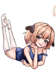  absurdres blue_eyes blue_one-piece_swimsuit brown_hair candy commentary_request dated female food hachijou_(kancolle) hair_ribbon highres kantai_collection lilshigu lollipop lying old_school_swimsuit on_stomach one-hour_drawing_challenge one-piece_swimsuit ribbon school_swimsuit short_hair simple_background solo strap_slip swimsuit thighhighs tongue tongue_out two_side_up white_background white_thighhighs 