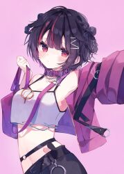  :< belt black_belt black_hair black_pants blush braid breasts cardigan chain_necklace chains character_request chest_strap cleavage closed_mouth collar commentary_request cowboy_shot crop_top curled_fingers earrings female hair_between_eyes hair_ornament hair_rings hairclip heart_ring_strap heripiro highres holding holding_leash indie_virtual_youtuber jewelry leash long_sleeves looking_at_viewer medium_breasts midriff multicolored_hair navel necklace no_nose open_cardigan open_clothes outstretched_arm pants pink_background purple_cardigan purple_collar red_eyes red_streaks shirt short_hair sidelocks simple_background solo standing streaked_hair virtual_youtuber white_shirt zipper zipper_pull_tab 