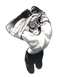  arlecchino_(genshin_impact) artist_name back back_focus black_hair botassium clothes_lift female from_above genshin_impact greyscale highres lifting_own_clothes monochrome muscular muscular_female shirt_lift solo topless_female undressing 