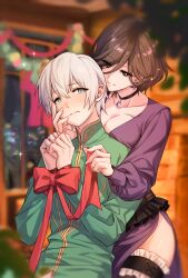  1boy assertive_female bilingual_commentary black_choker blurry blurry_background blush bound bound_wrists breasts brown_eyes brown_hair choker christmas closed_mouth collarbone commentary_request commission couple cyacyacyacyaki dress earrings english_commentary eyelashes female green_robe hair_between_eyes highres indoors jewelry large_breasts mixed-language_commentary octopath_traveler octopath_traveler_ii purple_dress red_ribbon ribbon robe second-party_source short_hair smile straight temenos_mistral throne_anguis white_hair 
