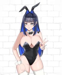  alternate_costume animal_ears bare_shoulders black_leotard blue_eyes blue_hair bow bowtie breasts cleavage commentary covered_navel detached_collar fake_animal_ears female hair_intakes highleg highleg_leotard highres hololive hololive_english large_breasts leotard long_hair looking_at_viewer multicolored_hair navel ouro_kronii playboy_bunny rabbit_ears senpaisif smile solo strapless strapless_leotard thighhighs traditional_bowtie virtual_youtuber white_thighhighs white_wrist_cuffs wrist_cuffs 