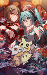  2girls aqua_eyes aqua_hair aqua_nails aqua_necktie aqua_trim black_skirt black_sleeves black_wrist_cuffs bone brown_eyes brown_hair caracoro character_name collared_shirt commentary_request cropped_jacket cubone detached_sleeves fingernails grey_shirt hatsune_miku headset heart highres jacket long_sleeves meiko_(vocaloid) mimikyu multiple_girls musical_note nail_polish necktie number_tattoo poke_ball poke_ball_(basic) pokemon pokemon_(creature) project_voltage red_jacket red_nails red_skirt shirt skirt sleeveless sleeveless_shirt smile sparkle tattoo twintails two-tone_wrist_cuffs vocaloid wrist_cuffs 