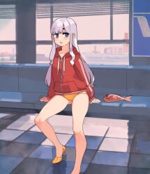  ballet_slippers bare_legs bench bikini bikini_under_clothes blue_eyes collarbone commentary english_commentary female fish hood hooded_jacket jacket jacket_over_swimsuit knees legs noyemik original sitting slice_of_life solo solo_focus swimsuit swimsuit_under_clothes thighs white_hair 