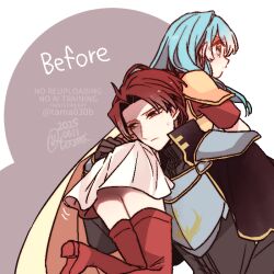  1boy 2025 aqua_eyes aqua_hair armor black_capelet black_shirt boots breastplate breasts cape capelet carrying carrying_over_shoulder carrying_person censored commentary_request eirika_(fire_emblem) english_text female fingerless_gloves fire_emblem fire_emblem:_the_sacred_stones frown gloves grey_armor grey_background long_hair long_sleeves parted_bangs partially_shaded_face red_boots red_eyes red_gloves red_hair red_shirt sayu030b seth_(fire_emblem) shirt short_hair short_sleeves shoulder_armor skirt small_breasts sweat thigh_boots two-tone_background watermark white_background white_skirt yellow_armor yellow_cape zettai_ryouiki 