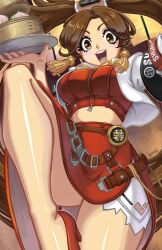  belt breasts brown_eyes brown_hair chinese_clothes commentary crop_top female food from_below guilty_gear guilty_gear_strive hair_ornament highres jacket keeterz kuradoberi_jam long_hair long_skirt midriff multiple_belts open_clothes open_jacket open_mouth red_skirt side_slit skirt solo steamed_bun very_long_hair white_jacket 