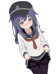  akatsuki_(kancolle) anchor_symbol black_hat black_pantyhose black_sailor_collar black_skirt clothes_lift commentary_request dutch_angle female flat_cap hat highres kantai_collection long_hair neckerchief panties panties_under_pantyhose pantyhose pleated_skirt purple_eyes purple_hair red_neckerchief sailor_collar sailor_shirt school_uniform serafuku shirt simple_background skirt skirt_lift solo standing sugapi thighband_pantyhose underwear white_background white_shirt 