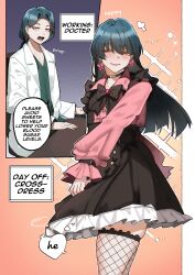  1boy absurdres black_skirt brown_eyes butterfly_earrings changecolor cowboy_shot crossdressing crossdressing_(mtf) doctor earrings fishnet_thighhighs fishnets green_hair half-closed_eyes highres jewelry long_hair long_sleeves male_focus multiple_views original pink_shirt shirt skirt smile standing thighhighs 
