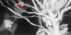  apollo_justice:_ace_attorney bare_tree blood commentary_request expressionless female flashlight greyscale gyakuten_saiban hat holding holding_flashlight kizu_(gozenreiji010) monochrome one_eye_covered shadow short_hair spot_color top_hat tree trucy_wright 