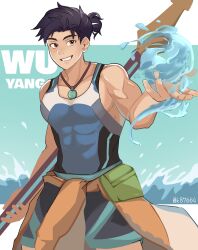  1boy artist_name asymmetrical_gloves bare_shoulders belt black_hair black_shorts blue_belt blue_tank_top bodysuit brown_eyes character_name clothes_around_waist collarbone covered_abs covered_pectorals earrings elbow_gloves fingerless_gloves gloves hair_bun highres holding holding_behind_back holding_polearm holding_weapon holding_weapon_behind_back hydrokinesis jade_(gemstone) jewelry necklace overwatch pectorals pelvic_curtain pendant polearm pouch rectangular_earrings shorts sidepec simple_background single_earring single_elbow_glove sleeveless sleeveless_bodysuit tank_top tight_clothes toned toned_male topknot uneven_gloves user_mtwp7388 water weapon wuyang_(overwatch) yaopei 