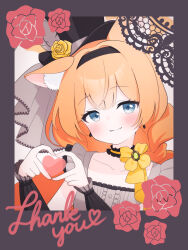  absurdres animal_ear_fluff animal_ears black_hairband blue_archive blue_eyes blush border bow bow_choker cat_ears cat_girl choker close-up collarbone commentary_request double-parted_bangs dress english_text female flower four-finger_heart_hands frilled_choker frills grey_border grey_dress hair_between_eyes hairband hat hat_flower heart heart_hands highres lace lace_border long_hair looking_at_viewer mari_(blue_archive) mari_(idol)_(blue_archive) orange_choker orange_hair ornate_border petako_(ptpt_k) portrait rose sidelocks simple_background sleeveless sleeveless_dress smile solo thank_you top_hat white_background wrist_cuffs yellow_flower yellow_rose 