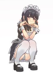  alternate_costume apron black_dress black_hair blush braid brown_eyes commentary_request dress enmaided female flat_chest frills highres kantai_collection kitakami_(kancolle) long_hair looking_at_viewer maid maid_apron maid_headdress motizou panties pantyshot short_sleeves simple_background single_braid smile solo squatting thighhighs underwear white_apron white_background white_panties white_thighhighs 