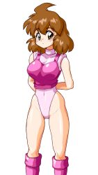  absurdres arms_behind_back ass_visible_through_thighs bare_arms bare_legs boots breasts brown_eyes brown_hair cleavage covered_collarbone covered_navel crop_top dance_dance feet_out_of_frame female full_body groin hair_between_eyes highleg highleg_leotard highres knee_boots large_breasts leotard light_blush looking_to_the_side macla medium_hair parted_lips pink_boots pink_leotard pink_shirt remi_(dance_dance) shiny_clothes shiny_skin shirt short_sleeves simple_background sleeves_rolled_up solo standing thighs turtleneck turtleneck_leotard white_background 