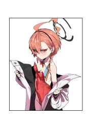  absurdres ahoge asymmetrical_bangs bare_shoulders black_nails blue_archive blush border bow bowtie braid breasts commentary_request cowboy_shot detached_collar female from_side frown groin hair_over_one_eye halo highleg highleg_leotard highres huge_ahoge jacket jjigong_chigon leotard looking_at_viewer mole mole_under_eye neru_(blue_archive) neru_(bunny)_(blue_archive) official_alternate_costume open_clothes open_jacket paid_reward_available playboy_bunny red_bow red_bowtie red_eyes red_hair red_leotard short_hair sideways_glance simple_background single_braid small_breasts solo strapless strapless_leotard sweatdrop traditional_bowtie tsurime v-shaped_eyebrows white_background 