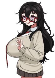  absurdres black_hair breasts brown_cardigan brown_skirt cardigan collared_shirt commentary female glasses hair_between_eyes highres large_breasts long_hair looking_at_viewer messy_hair original red-framed_eyewear red_eyes shirt sideboob skirt smile solo untranslatable_commentary ushimochi very_long_hair waving white_background white_shirt 