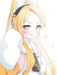  absurdres adjusting_headphones animal_ear_fluff animal_ears black_necktie blonde_hair blue_archive blush breasts commentary_request detached_sleeves dress female fox_ears fox_girl from_side hand_on_own_hip headphones highres long_hair looking_at_viewer missing_halo necktie parted_bangs petako_(ptpt_k) sailor_dress seia_(blue_archive) sideboob sidelocks simple_background sleeves_past_fingers sleeves_past_wrists small_breasts smile solo sparkle turning_head upper_body very_long_hair white_background white_dress yellow_eyes 