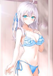  ahoge alisa_mikhailovna_kujou aqua_eyes armpit_crease bikini blue_bikini blue_ribbon blush breasts cleavage closed_mouth collarbone colorized commentary fa6ikyl female fingernails grey_hair hair_between_eyes highres large_breasts long_hair looking_at_viewer navel ribbon side-tie_bikini_bottom solo stomach swimsuit tokidoki_bosotto_roshia-go_de_dereru_tonari_no_alya-san twitter_username 