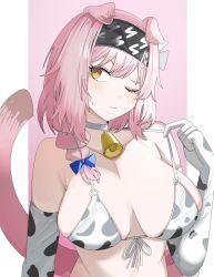  absurdres alternate_breast_size_(larger) alternate_costume animal_ears animal_print arknights bare_shoulders bell bikini black_bikini black_gloves black_hair blue_ribbon blush braid breasts choker closed_mouth cow_print cow_print_bikini cow_print_gloves elbow_gloves female front-tie_bikini_top front-tie_top gloves goldenglow_(arknights) hair_over_shoulder hair_ribbon hand_up highres huge_breasts long_hair looking_to_the_side multicolored_bikini multicolored_gloves neck_bell o-ring o-ring_bikini one_eye_closed pink_background pink_hair print_bikini print_gloves ribbon simple_background small_sweatdrop solo spam_(spamham4506) swimsuit tail tail_raised two-tone_bikini two-tone_gloves upper_body white_background white_bikini white_choker white_gloves yellow_eyes 