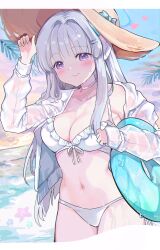 0202ase absurdres bikini blue_archive blush breasts choker cleavage closed_mouth commentary_request female fingernails frilled_bikini frills hat headgear headphones highres jacket long_hair looking_at_viewer navel noa_(blue_archive) outdoors purple_eyes smile solo stomach sun_hat swimsuit wet white_bikini white_choker white_hair white_jacket 