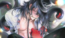  1boy 1other abs alicevseliet arm_strap artist_name ashveil_(honkai:_star_rail) black_hair collared_shirt commentary gag gloves gradient_hair hat highres honkai:_star_rail honkai_(series) improvised_gag jacket jewelry long_hair looking_at_viewer male_focus multicolored_hair open_clothes open_shirt pectorals pov pov_hands purple_eyes red_ribbon ribbon shirt toned toned_male white_shirt 