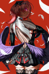  absurdres ass black_dress black_shorts black_shrug black_wings breasts commentary dress e-diot falling_feathers feathers female from_behind highres large_breasts pink_hair purple_eyes ramiel_(zenless_zone_zero) red_background shorts shorts_under_dress shrug_(clothing) simple_background solo thighs wings zenless_zone_zero 