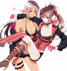  amazuki_jou azur_lane bikini black_bikini black_shorts boots breasts brown_boots brown_eyes brown_hair carrying closed_mouth collarbone colored_inner_hair commentary_request feather_hair_ornament feathers gloves grey_hair hair_ornament heart high_heel_boots high_heels highres jean_bart_(azur_lane) long_hair massachusetts_(azur_lane) multicolored_bikini multicolored_hair princess_carry red_eyes red_gloves red_hair short_shorts shorts sweat swimsuit thigh_strap two-tone_bikini white_background white_bikini yuri 