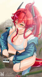  antenna_hair bandaid bandaid_on_face bandaid_on_nose blush breasts cassette_player cassette_tape cleavage denim denim_jacket denim_shorts from_above goddess_of_victory:_nikke hair_between_eyes highres horns huge_breasts jacket long_hair looking_at_viewer mechanical_horns official_alternate_costume pencil ponytail red_hair red_hood_(nikke) red_hood_(retro_days)_(nikke) shoes shorts sidelocks smile sneakers squatting tank_top theheatnix thighs white_tank_top yellow_eyes 