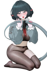  :p absurdres asymmetrical_legwear black_hair blunt_bangs blush breasts commentary_request covered_navel crop_top cropped_jacket female fine_fabric_emphasis full_body fur_trim gonggong_ill green_eyes green_hair grey_jacket hands_up highres holding_own_tail jacket jane_doe_(zenless_zone_zero) korean_commentary large_breasts long_sleeves looking_at_viewer nail_polish navel necktie no_shoes pantyhose red_nails red_necktie seiza short_hair simple_background single_leg_pantyhose single_thighhigh sitting smile solo tail thighhighs tongue tongue_out white_background zenless_zone_zero 
