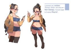  2girls boots breasts cellphone crop_top denim denim_bra denim_shorts earrings english_text female glasses highres hoop_earrings jacket jewelry large_breasts lipstick long_hair makeup midriff multiple_girls noyemik open_clothes open_jacket original outie_navel phone pointing pointing_up ponytail red-framed_eyewear red_eyes shorts smartphone talking_on_phone text_background thick_thighs thigh_boots thighs 