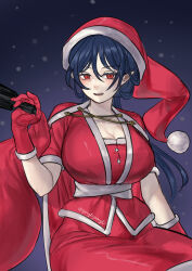 absurdres bag blue_hair breasts cape cleavage commentary_request female gonglijeongli hat highres holding holding_bag iizunamaru_megumu large_breasts night open_mouth pointy_ears red_bag red_cape red_eyes red_shirt red_skirt santa_costume santa_hat shirt short_sleeves skirt snow solo touhou tripod white_trim 