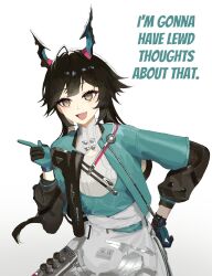  :d arknights arknights:_endfield black_hair blue_gloves blue_horns blue_jacket chen_qianyu_(arknights) commentary cowboy_shot dragon_girl dragon_horns eastern_dragon_horns english_commentary english_text female gloves hand_on_own_hip hand_up highres horns i'm_gonna_have_sexual_thoughts_about_that_(meme) jacket long_hair looking_at_viewer meme multicolored_gloves open_mouth simple_background smile solo standing subu_art twintails two-sided_gloves two-tone_gloves white_background 